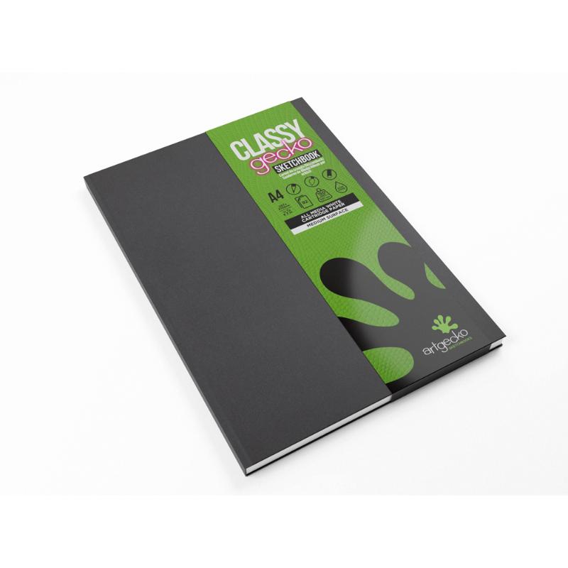 Artgecko Classy A4 Sketchbook with 92 pages of 150gsm acid-free paper, featuring a durable black cover and eco-friendly materials.