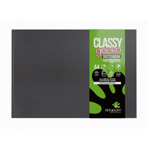 Artgecko Classy Sketchbook, A4 landscape, 92 pages of durable 150gsm acid-free white paper, ideal for various media.