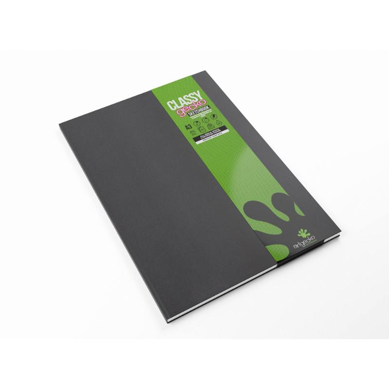 Artgecko Classy A3 sketchbook with 92 pages of 150gsm acid-free paper, featuring a durable black cover with a soft touch finish.