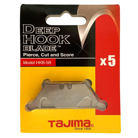 Tajima Deep Hook Utility Blades in a 5-pack, featuring a slip-resistant design and durable Japanese tempered steel for precise cutting.