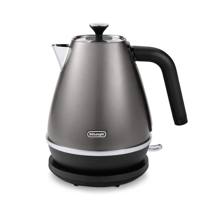 Sleek 1.7L De'Longhi Distinta Titanium kettle in matte metallic finish, featuring cordless design and 3-level safety protection.