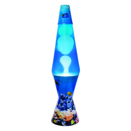 Stylish 36cm diamond-shaped motion lamp with deep blue glass, swirling lava, perfect for creating a relaxing atmosphere.