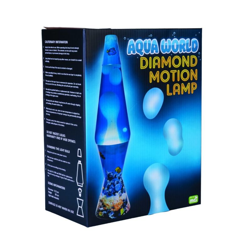 Aqua World Diamond Motion Lamp with deep blue glass and swirling lava, perfect for calming mood lighting and décor.