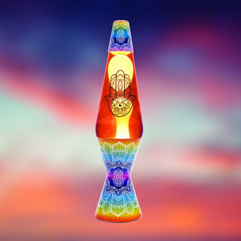 Edgy diamond-shaped motion lamp with mesmerizing white lava in orange liquid, featuring a mandala and hamsa design on rainbow gradient.