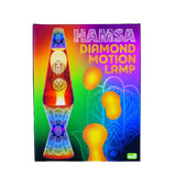 Diamond-shaped motion lamp featuring white lava in orange liquid, with hamsa and mandala design on a rainbow gradient.