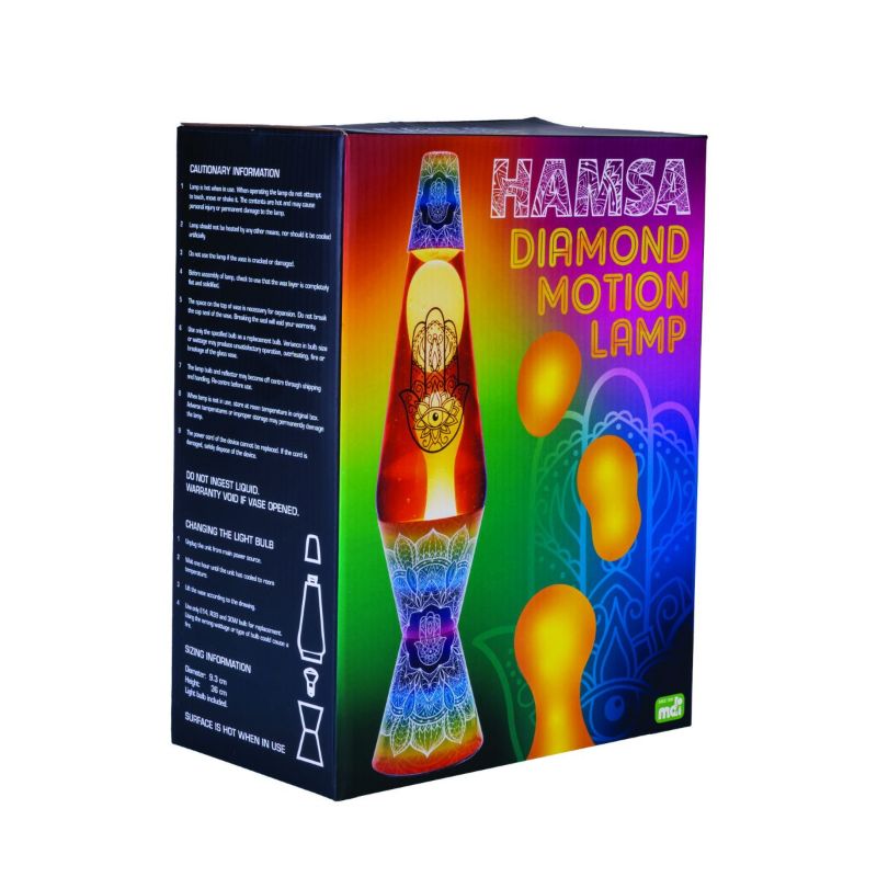 Diamond-shaped motion lamp featuring white lava in orange liquid, with mandala and hamsa designs on a rainbow background.