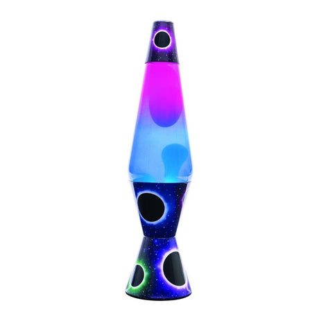 Edgy diamond-shaped motion lamp with pink and blue glass, showcasing swirling lava and a unique galaxy design.