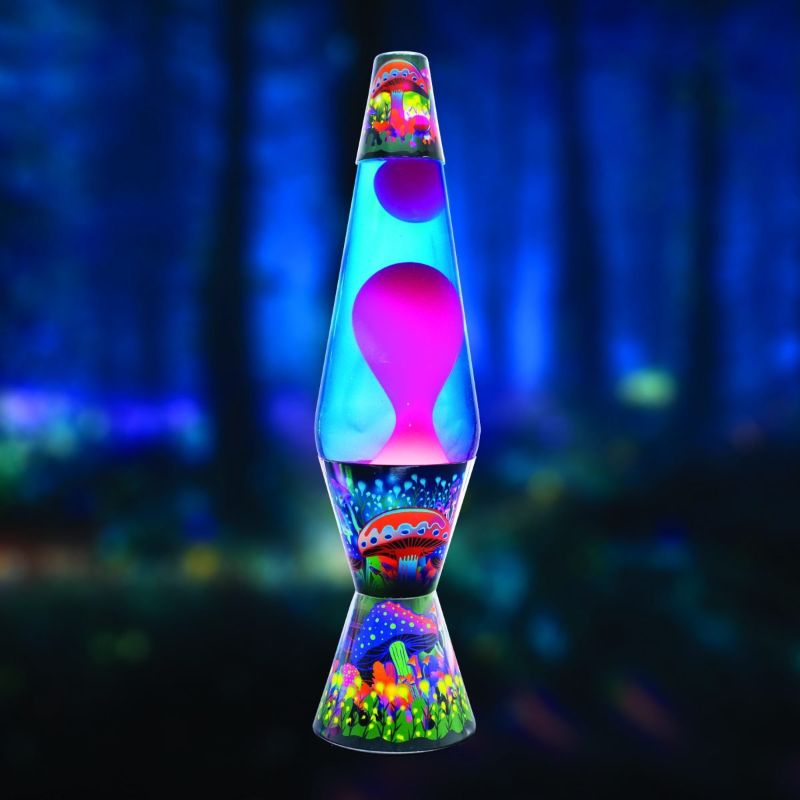 Vibrant blue glass motion lamp with pink lava, featuring a unique mushroom design for stylish illumination.