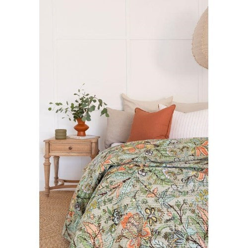Colorful Kantha quilt featuring intricate hand-stitched patterns, reversible design, 100% cotton, king size bedding accent.