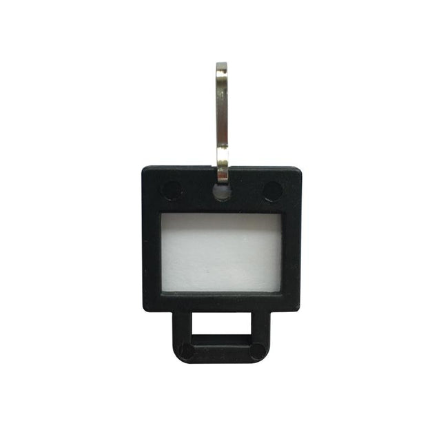 Black square key tag for easy organization and visibility of keys, perfect for home or office use.