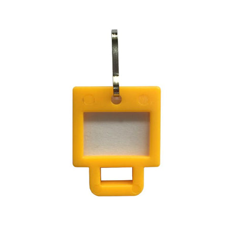 Vibrant yellow square key tags for easy key organization, durable and spacious for customized labeling.