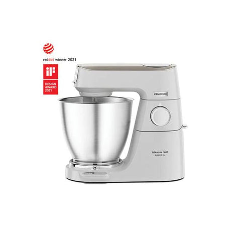 Kenwood Titanium Chef Baker XL Stand Mixer in white, featuring 1200W motor, LightLift head, and integrated scales for effortless baking.