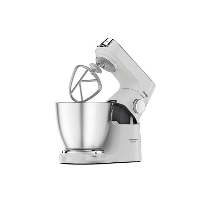 Kenwood Titanium Chef Baker XL stand mixer in white, featuring a 1200W motor, LightLift head, and integrated EasyWeigh scales.