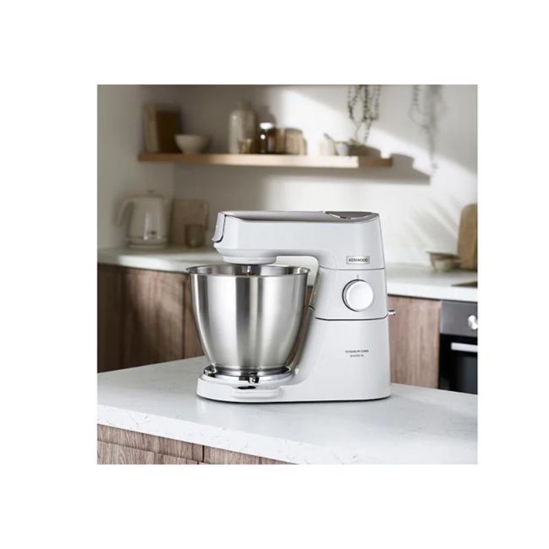 Kenwood Titanium Chef Baker XL stand mixer in white with 1200W motor, LightLift head, and integrated scales for effortless baking.