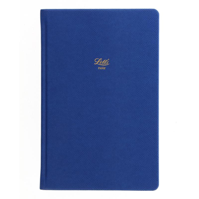 A5 blue lined notebook with textured leather-look cover, gold foil motif, 240 fountain-friendly pages, and ribbon page marker.