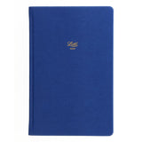 A5 blue lined notebook with textured leather-look cover, gold foil motif, 240 fountain-friendly pages, and ribbon page marker.