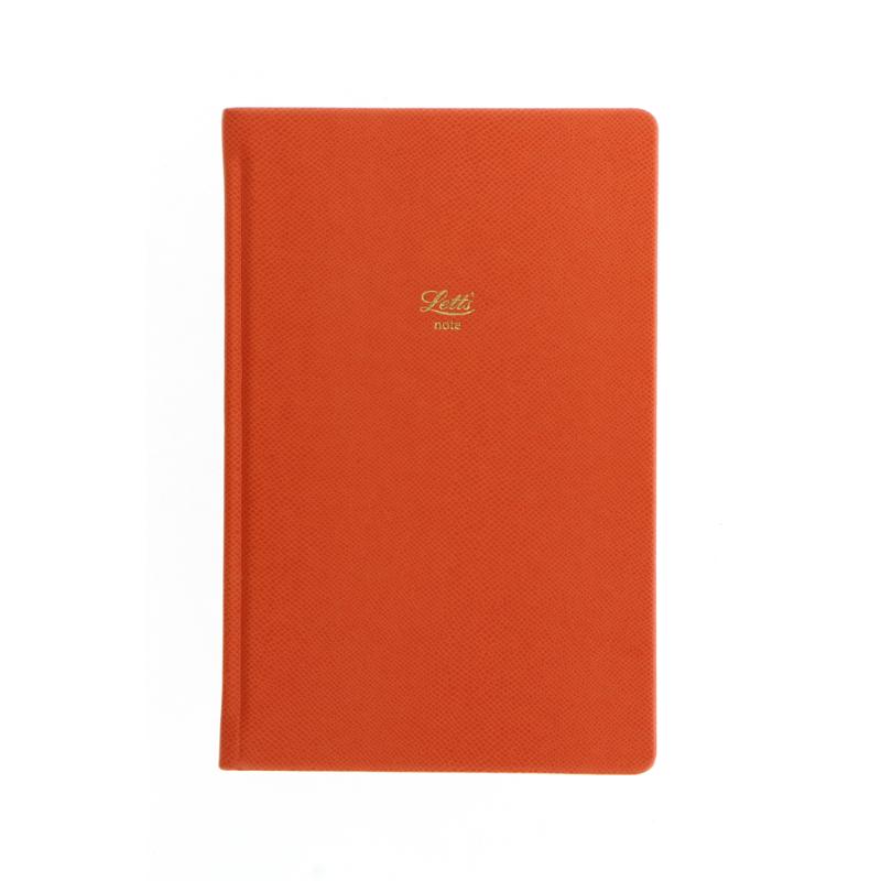 Vibrant orange A5 lined notebook with textured cover, gold foil motif, gilt edges, and ribbon marker for stylish note-taking.