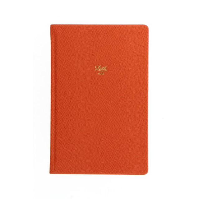 Vibrant orange A5 lined notebook with textured cover, gold foil motif, gilt edges, and ribbon marker for stylish note-taking.