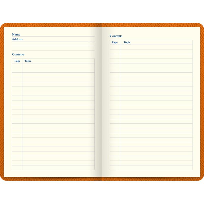 Vibrant orange A5 lined notebook with textured cover, gold foil design, gilt edges, and ribbon marker for stylish note-taking.