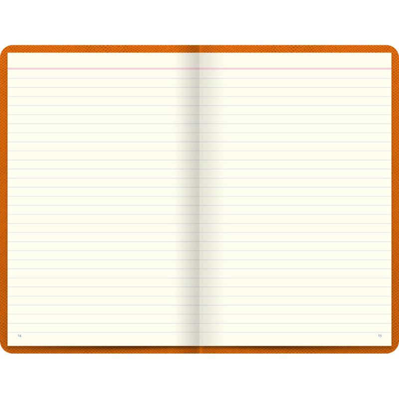 Vibrant orange A5 lined notebook with textured cover, gold foil motif, gilt edges, and ribbon marker for stylish note-taking.