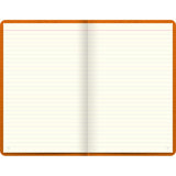 Vibrant orange A5 lined notebook with textured cover, gold foil motif, gilt edges, and ribbon marker for stylish note-taking.