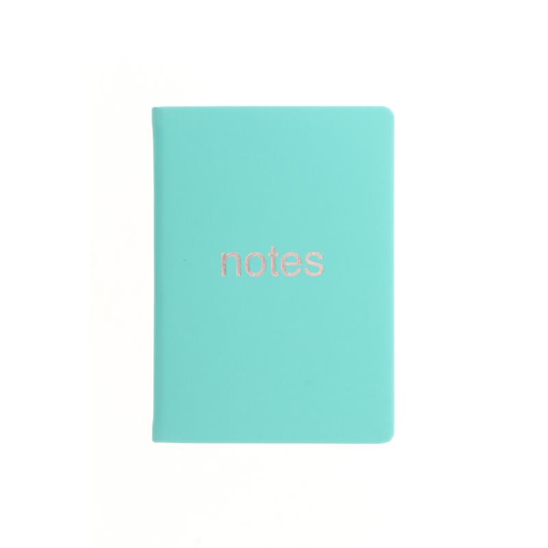 Turquoise A6 notebook with silver foil design, 192 ruled pages, ribbon marker, ideal for journaling and note-taking.