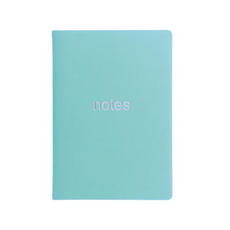 Vibrant turquoise A5 notebook with silver foil design, 192 ruled pages, sewn binding, and ribbon marker for stylish writing.