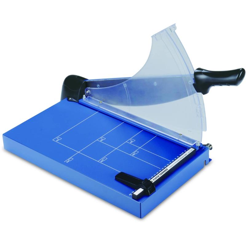 A metal guillotine for precise A4 paper cutting, featuring a 360mm cutting length and safety clamping system.