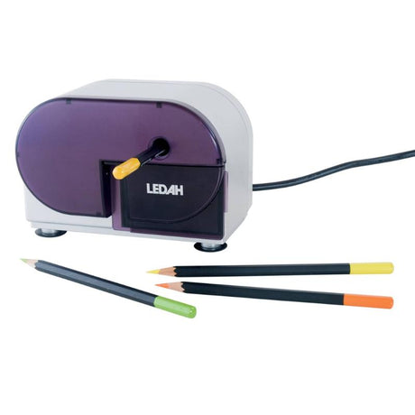 Electric pencil sharpener with auto stop, ideal for 8mm pencils; features heavy-duty steel blade for fine points.