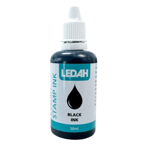 Ledah Stamp Ink 50ml Black in a bottle with a tapered tip, perfect for precise, vibrant stamping on paper and cardboard.