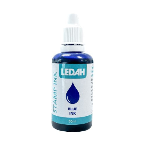 Ledah Stamp Ink 50ml in vibrant blue, perfect for re-inking stamps with a tapered applicator for precise, mess-free application.