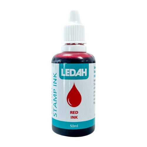 Vibrant 50ml Ledah red stamp ink with tapered applicator, ideal for precise application on paper and cardboard.