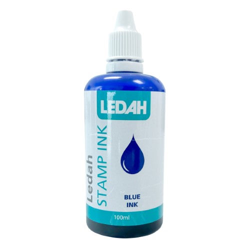 Blue Ledah Stamp Ink 100ml in a bottle with tapered applicator, perfect for re-inking stamps and creating vibrant impressions.