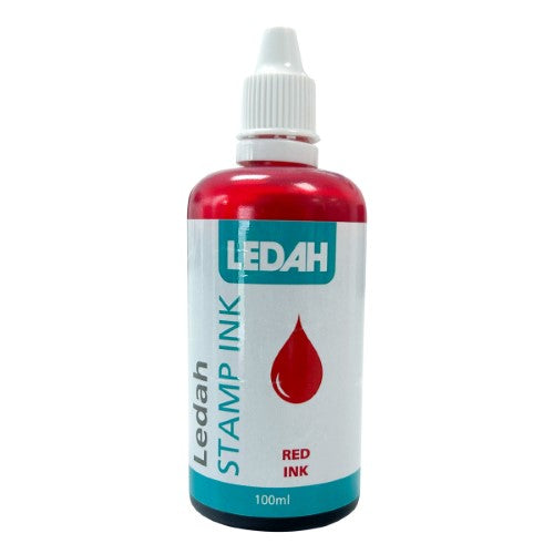 Vibrant red Ledah Stamp Ink in a 100ml bottle, perfect for re-inking stamps and safe for paper and cardboard surfaces.