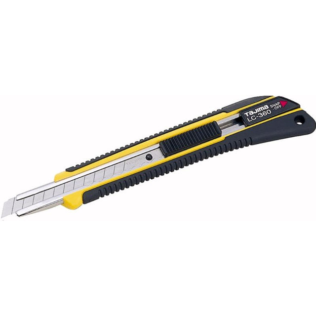 Tajima LC360 9mm cutter with ultra-sharp blade, non-slip grip, slide-lock, and eyelet for safety strap attachment.