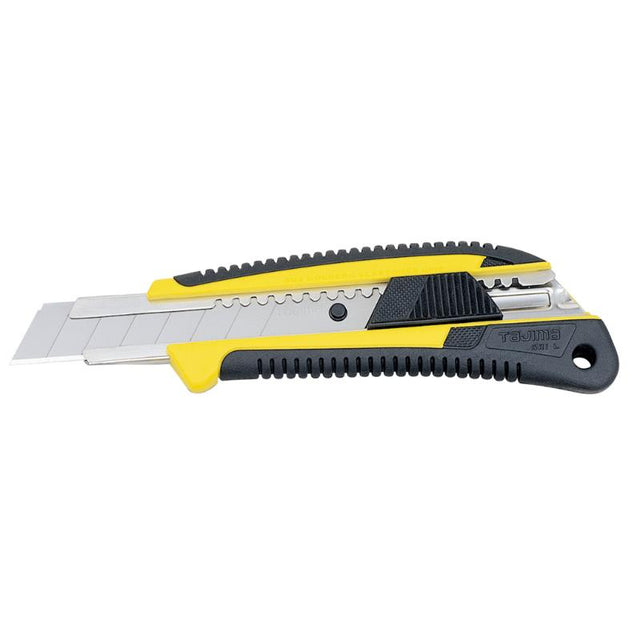 Heavy-duty 18mm utility cutter with non-slip grip, auto-lock feature, and ultra-sharp snap-blade for precision cutting.