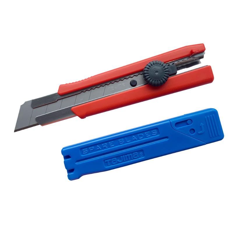 Tajima LC650 25mm cutter with heavy-duty snap-blade, ergonomic grip, screw-lock, and includes 3 spare blades for precision cutting.