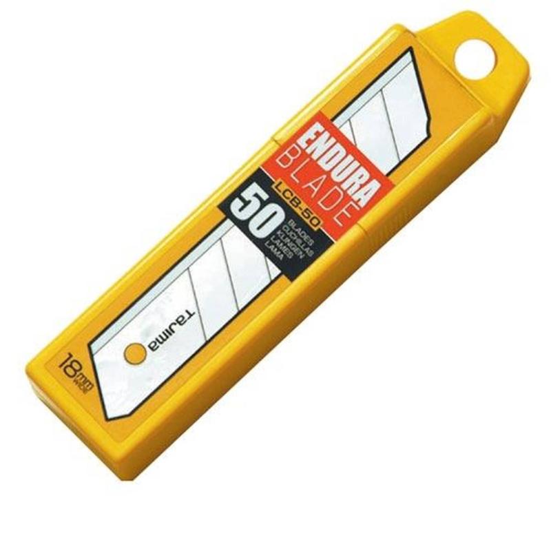 Tajima LCB50 bulk pack of 50 heavy-duty 18mm snap-off blades for precision cutting, stored in a durable hard case.