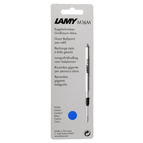 Lamy M16 medium blue ballpen refill for smooth writing, lasting 4,500-8,000 meters, waterproof ink, and compatible with Lamy pens.