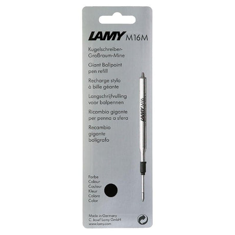 Lamy M16 Medium Black ballpen refill, smooth ink flow, waterproof, writing capacity up to 8,000 metres, one refill per pack.