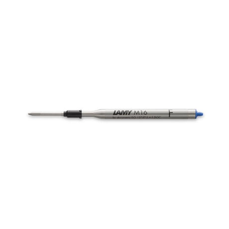 Lamy M16 Fine Blue ballpoint refill, ensuring smooth writing with vibrant waterproof ink and 4,500 to 8,000 meters capacity.