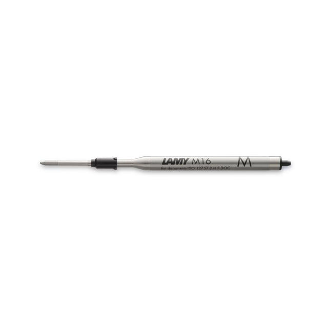 Lamy M16 medium black refill for ballpoint pens, featuring waterproof ink and impressive writing capacity of 4,500-8,000 meters.