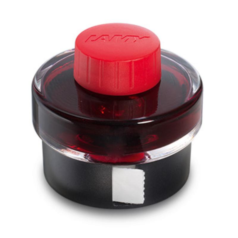 Lamy Ink T52 50ml Red bottle with built-in blotting paper for mess-free refilling, designed for optimal fountain pen performance.