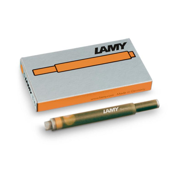 Lamy T10 ink cartridges in bronze, pack of 5, designed for smooth writing in Lamy fountain pens.