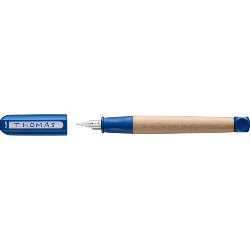 Ergonomic blue Lamy ABC fountain pen for children, crafted from maple wood with a non-slip grip and polished steel nib.