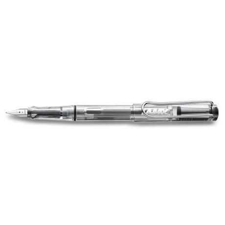 Lamy Safari Fountain Pen Vista with medium nib, featuring a transparent barrel, blue ink cartridge, and ergonomic grip.