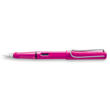 Vibrant pink Lamy Safari fountain pen with ergonomic grip, polished steel nib, and a stylish metal clip for comfortable writing.