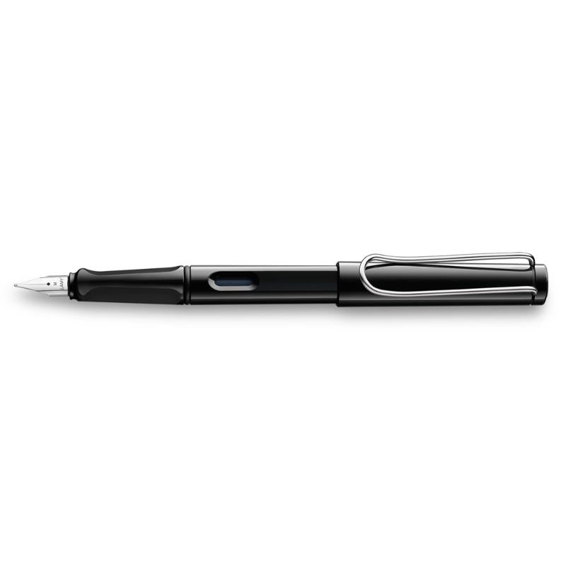 Lamy Safari Fountain Pen in sleek black with ergonomic grip, polished steel nib, and blue ink cartridge for effortless writing.