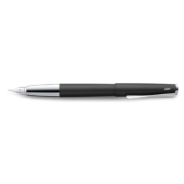 Lamy Studio Fountain Pen in matte black with medium nib, featuring a unique chrome clip and elegant torpedo shape.