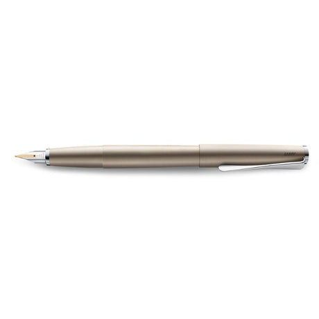 Lamy Studio Fountain Pen in palladium finish with unique torpedo shape and chrome propeller clip for an elegant writing experience.